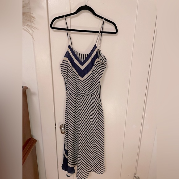 Vtg Beyond Vintage silk stripe dress navy/white size L - Picture 1 of 6